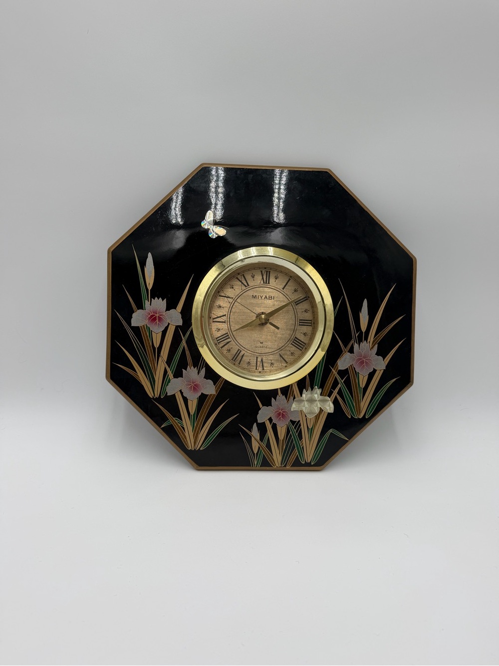 Art Deco Miyabi Quartz Clock Japan Black Lacquer Iris Floral MCM Rare - See Desc